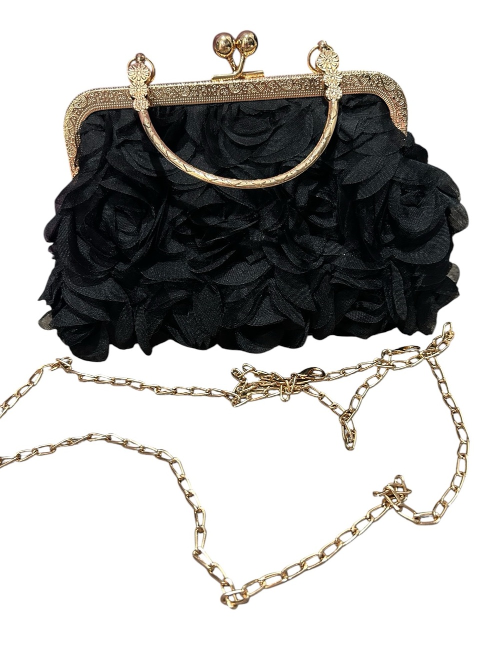 Elegant Black Floral Rosette Evening Clutch with Gold Frame